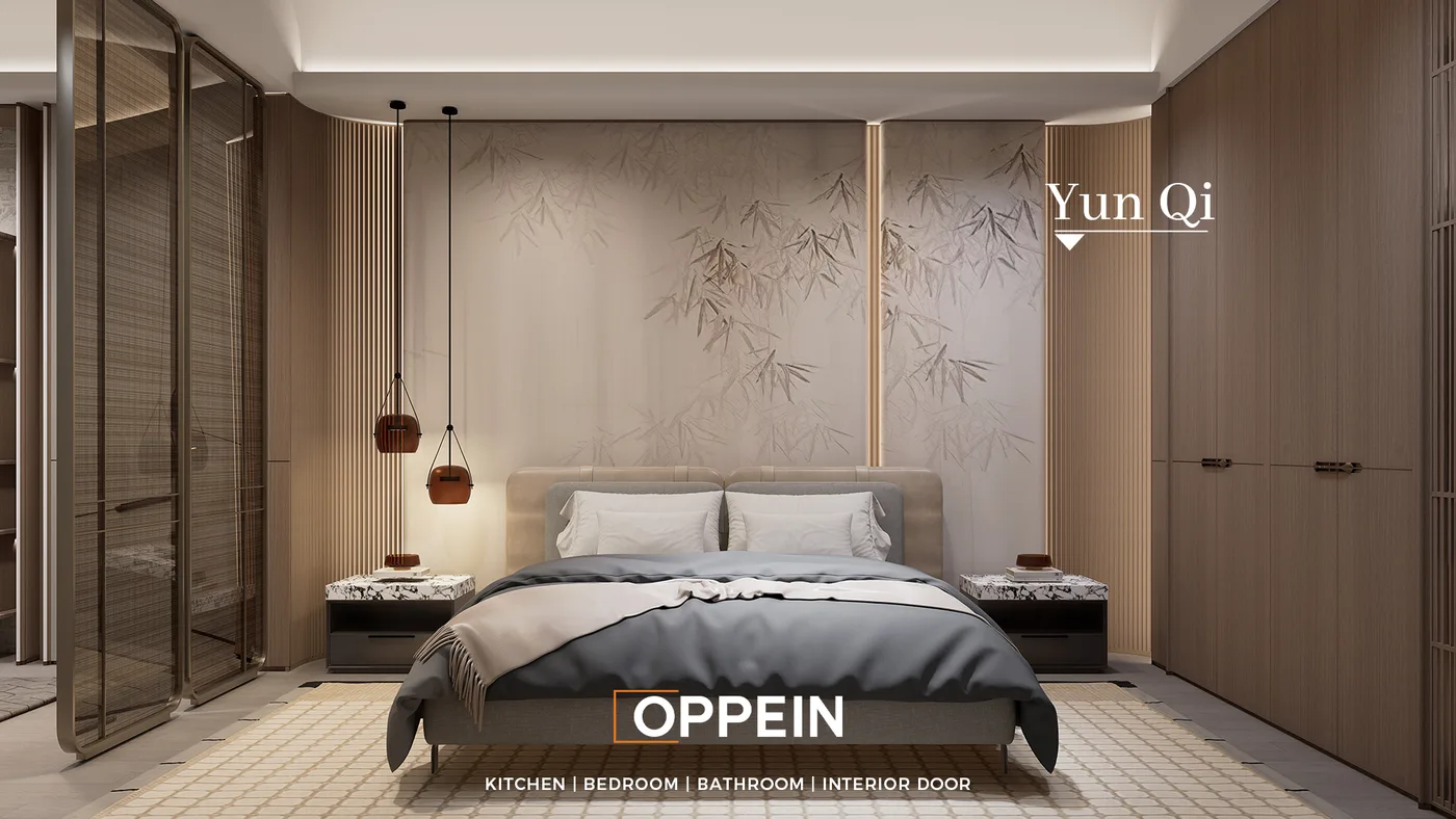 Fluted wood panel accent wall Dubai bedroom OPPEIN